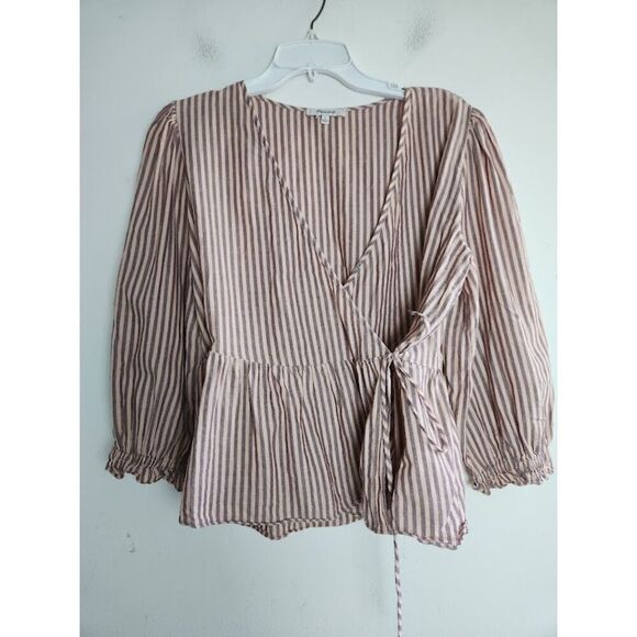 Madewell Dusty Pink w/Grey Stripes Cotton Tie Wrap Blouse size Large - Picture 3 of 6